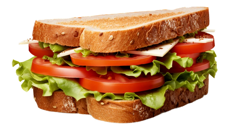 Fresh sandwich with lettuce, tomato, and cheese on whole grain