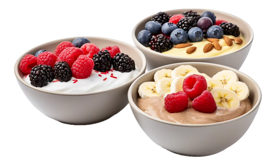 Three yogurt bowls topped with fresh berries and fruit