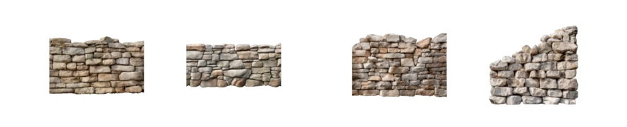 Ancient weathered stone wall sections isolated on white background