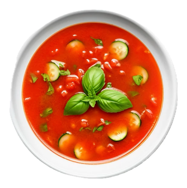 Fresh tomato gazpacho with cucumber and basil isolated on white