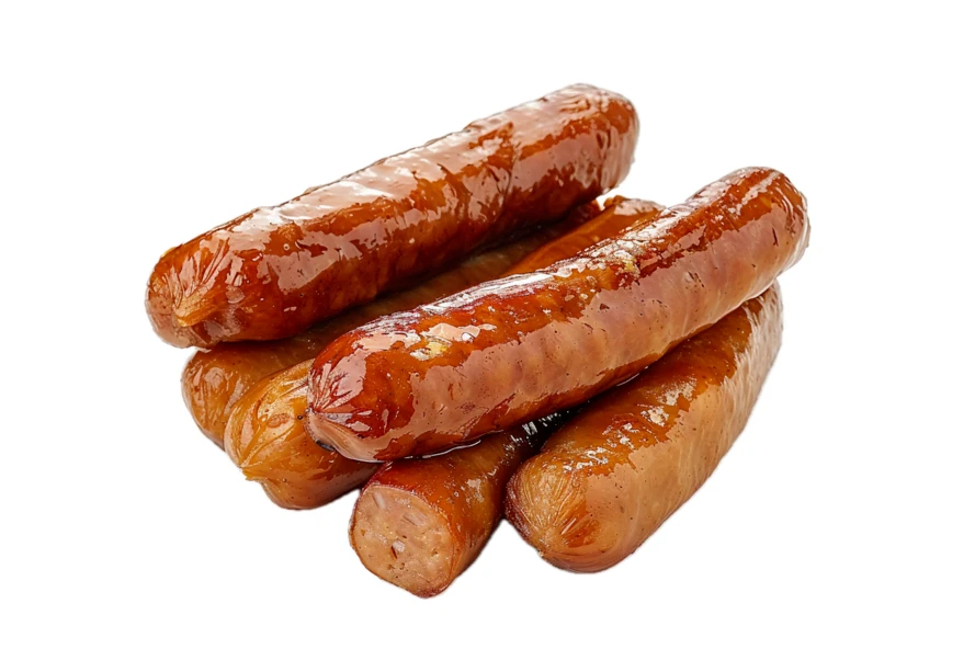 Grilled brown sausages pile isolated on white background