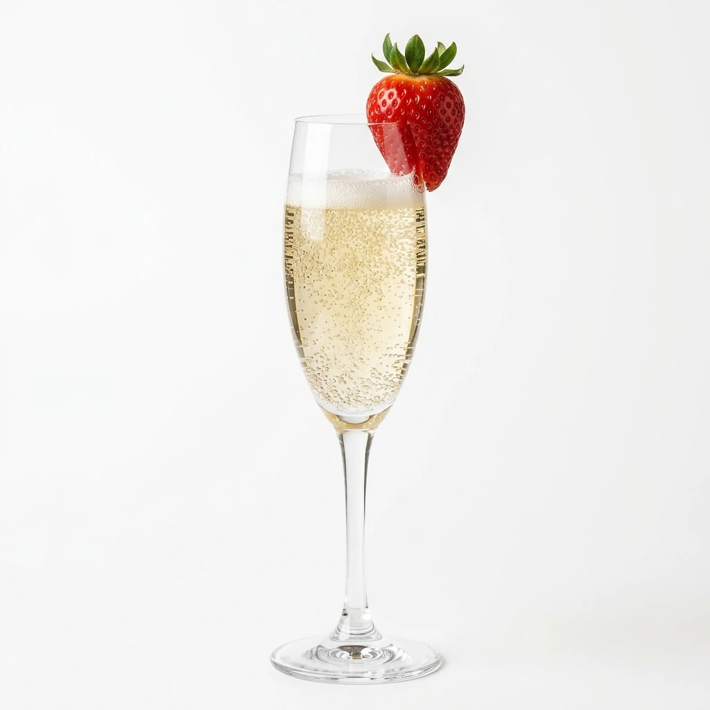 Glass of sparkling champagne with fresh strawberry on white background
