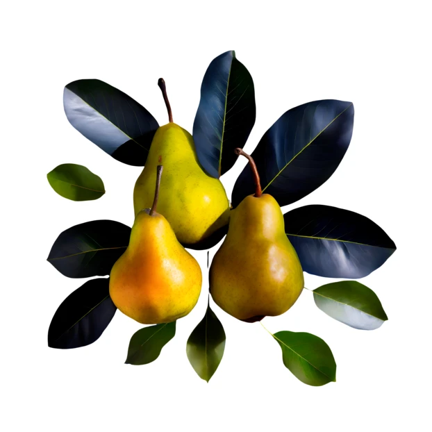 Three ripe yellow pears with dark leaves on white background