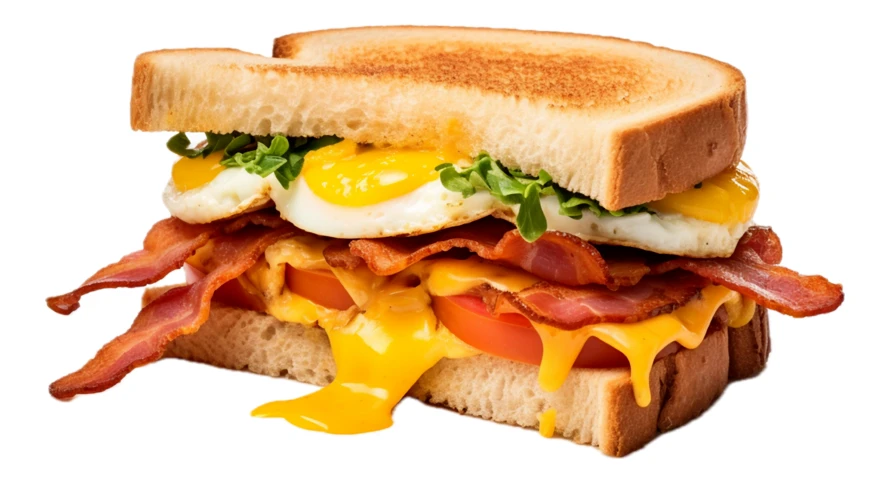 Egg and bacon breakfast sandwich with melted dripping cheese