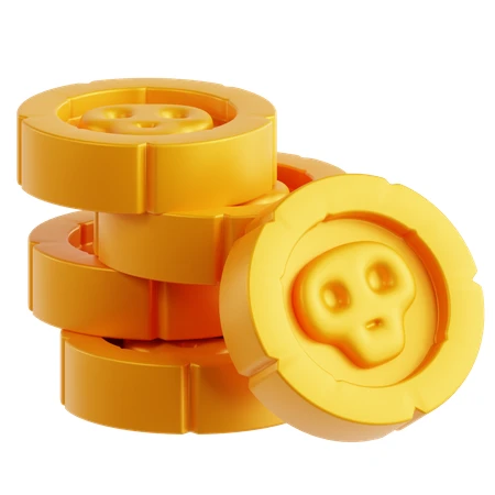 3D rendered stack of gold pirate coins with skulls
