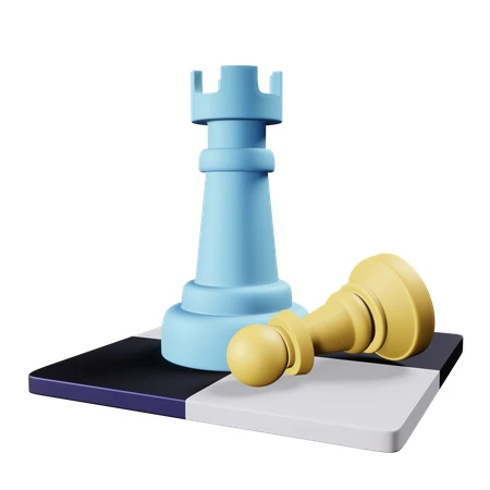 3D render of blue rook and fallen yellow pawn