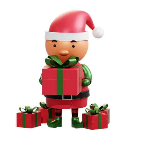3D Christmas elf character holding a red gift box
