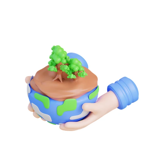 3D illustration of hands holding Earth with green trees