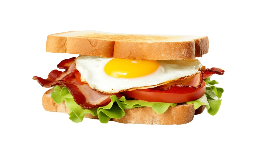 Breakfast sandwich with fried egg, bacon, lettuce, and tomato