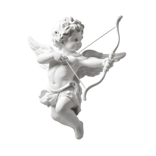 White Cupid statue aiming bow and arrow on white background