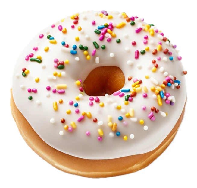 White glazed donut with colorful sprinkles isolated on white background