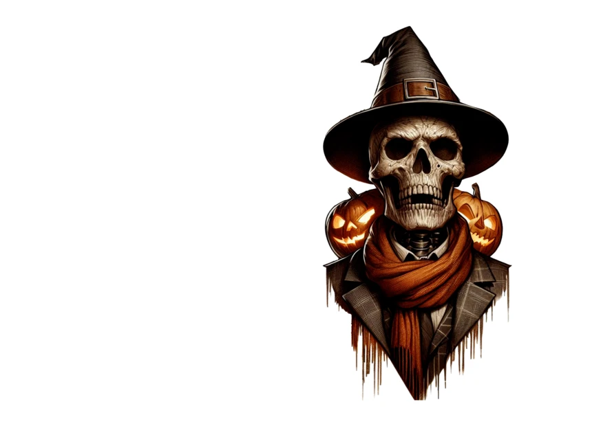Spooky Halloween skeleton in a witch hat with pumpkins
