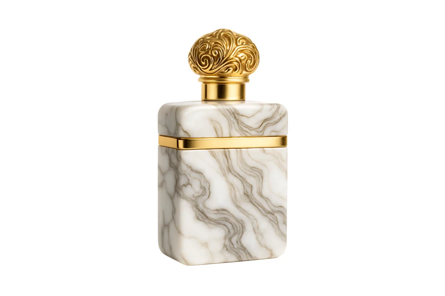 Luxury marble perfume bottle with ornate gold cap