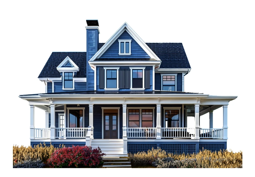 Classic blue two-story suburban house with white trim