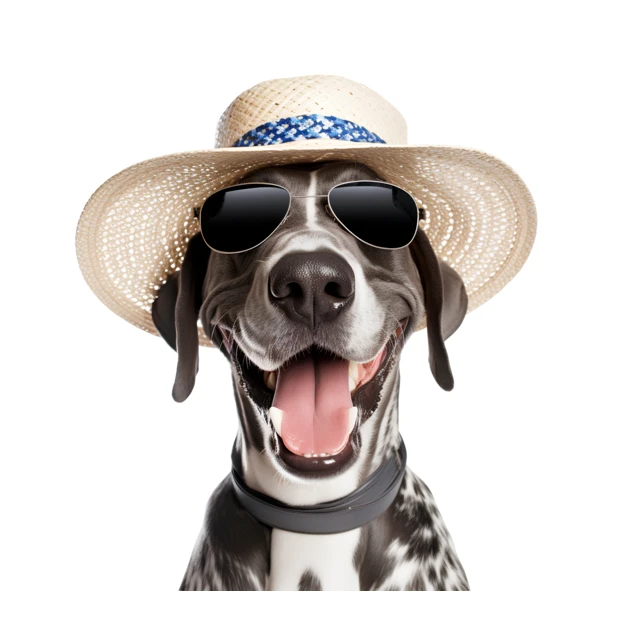 Funny Great Dane wearing straw hat and sunglasses