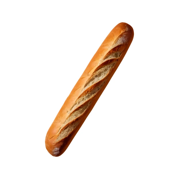 Single fresh French baguette bread isolated on white background