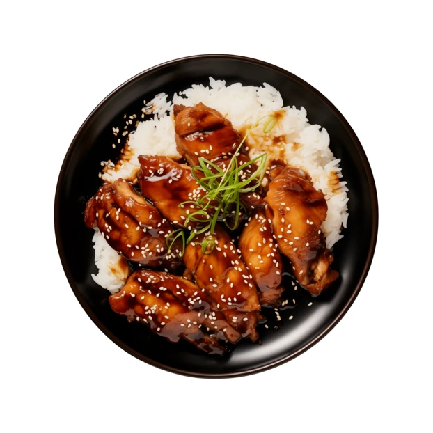 Chicken teriyaki bowl with white rice isolated on white