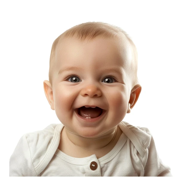 Adorable laughing baby with first teeth on white background