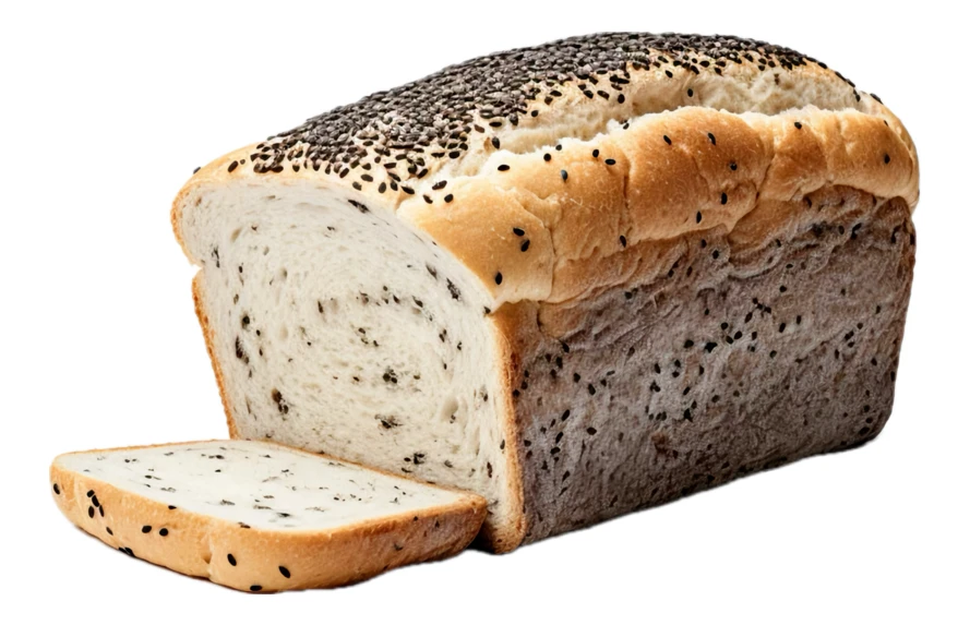 Loaf of white bread with black sesame seeds isolated on white