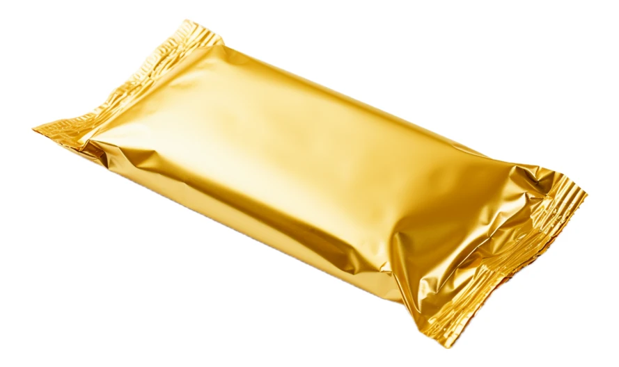 Blank gold foil wrapped snack bar on white background