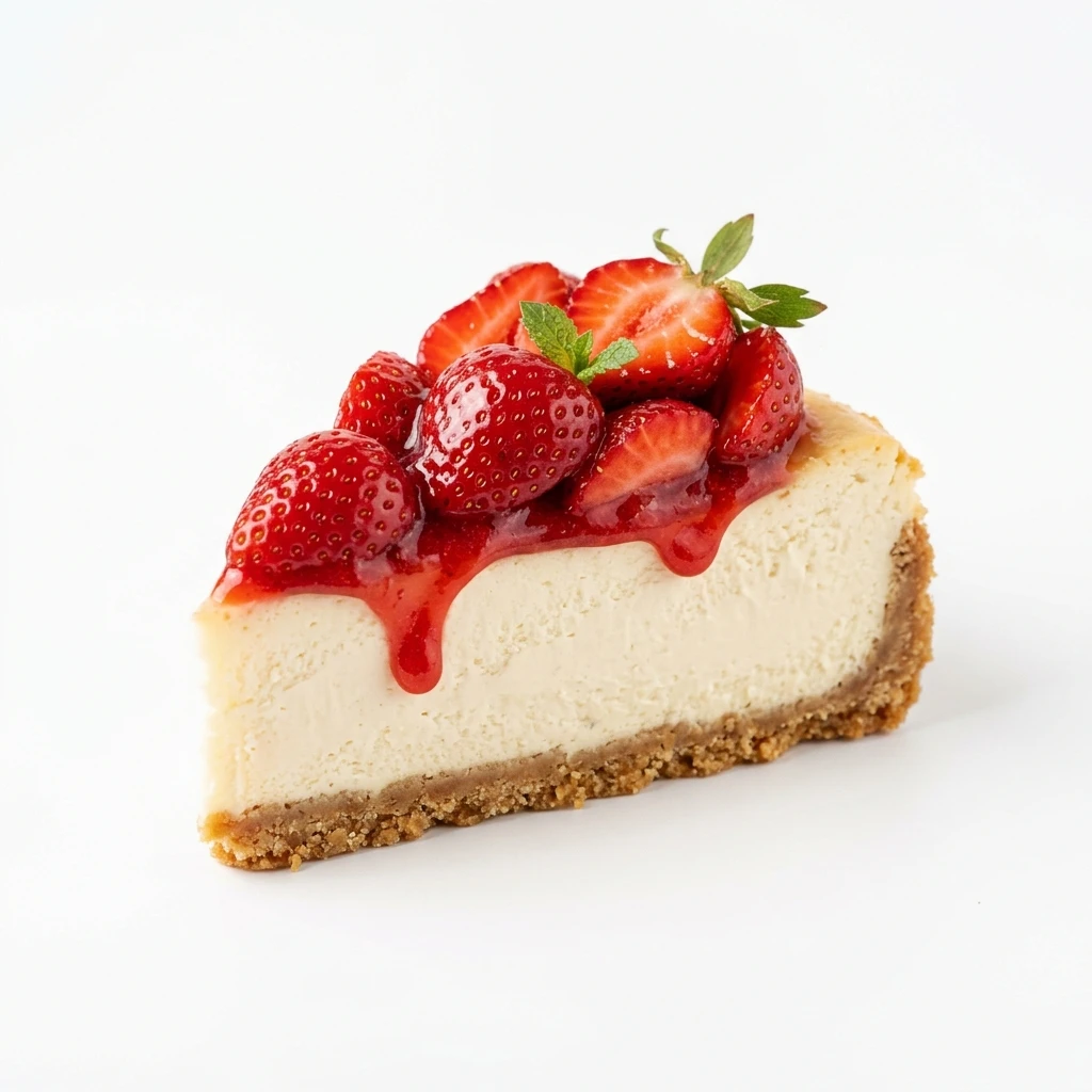Slice of strawberry cheesecake isolated on white background