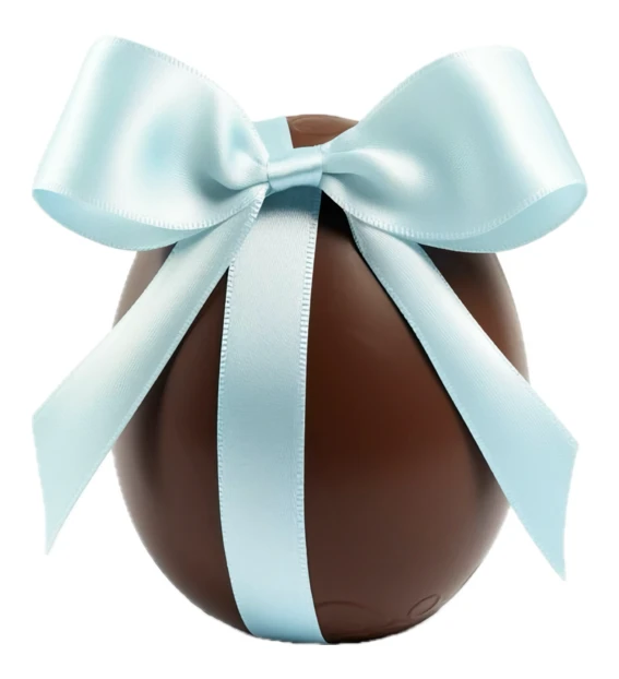 Chocolate Easter egg with light blue satin ribbon bow