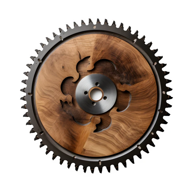 Mechanical gear wheel with ornate wood inlay and metal teeth