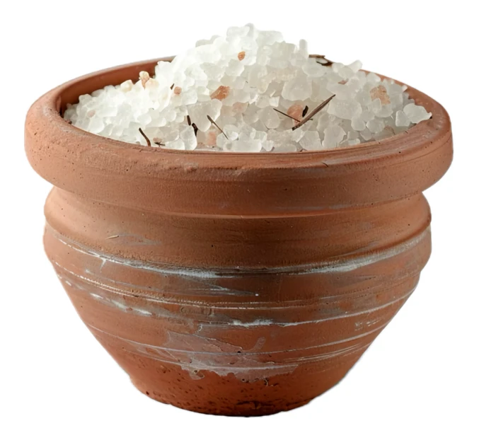 Coarse sea salt with herbs in a terracotta pot