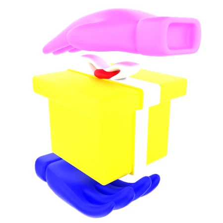 3D render of yellow gift box between cartoon hands