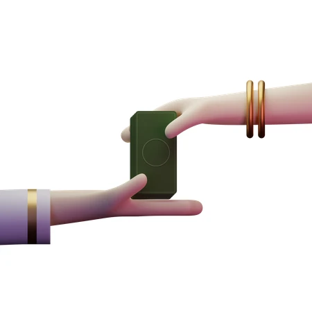 3D illustration of hands exchanging a green money stack