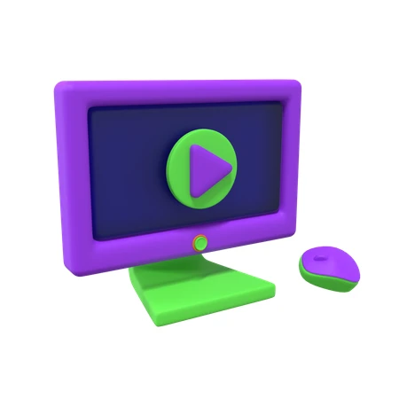 3D cartoon computer monitor with play button and mouse