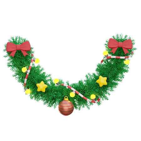 3D Christmas pine garland with red bows and lights