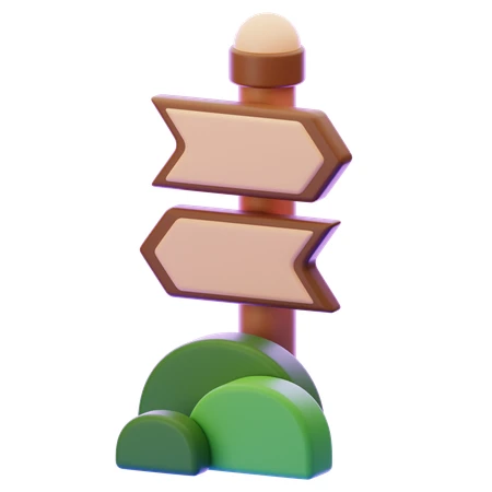 3D rendering of a wooden directional signpost on green hills