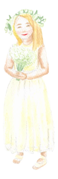 Watercolor illustration of a flower girl holding a bouquet