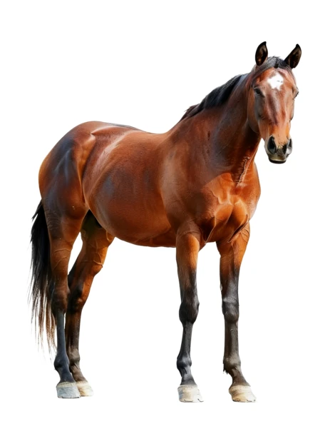Bay horse with white star isolated on white background