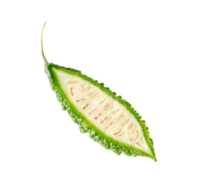 Slice of fresh green bitter melon on white background