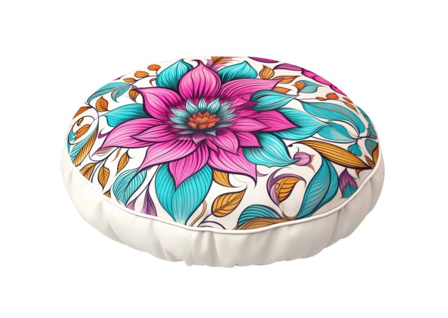 Round floor cushion with vibrant floral pattern isolated on white