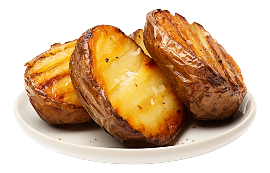 Roasted golden potato halves on a white plate