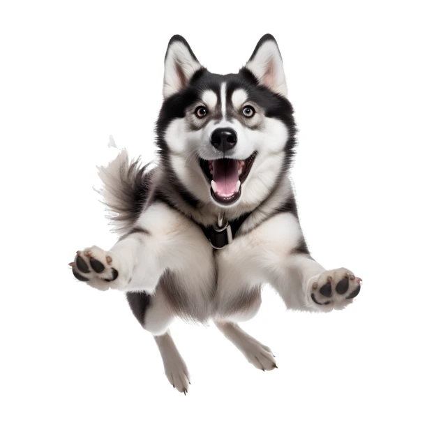 Happy Siberian Husky jumping isolated on white background