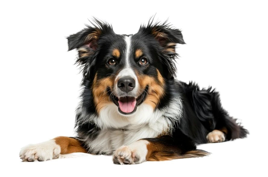 Tricolor Australian Shepherd dog lying down on white background