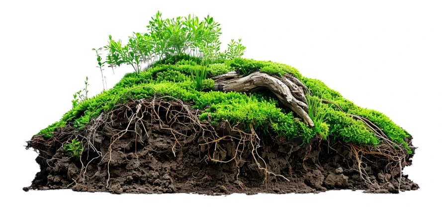 Green moss and forest plants on soil isolated on white
