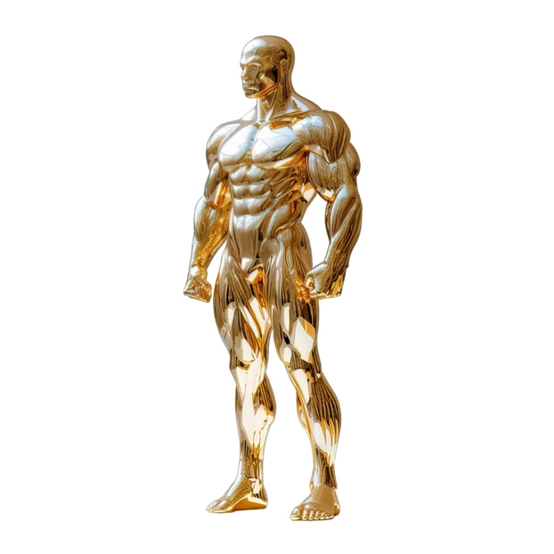 Polished gold statue of a muscular male bodybuilder isolated