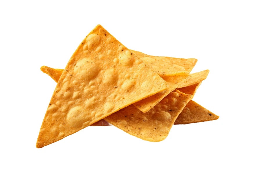 Small stack of triangular corn tortilla chips isolated on white