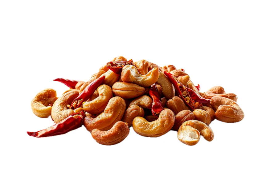 Spicy roasted cashews with dried chili peppers on white background