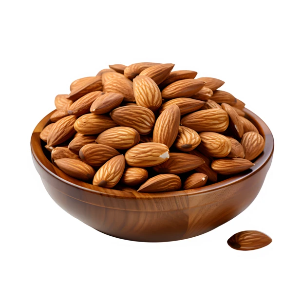 Wooden bowl filled with fresh almonds isolated on white