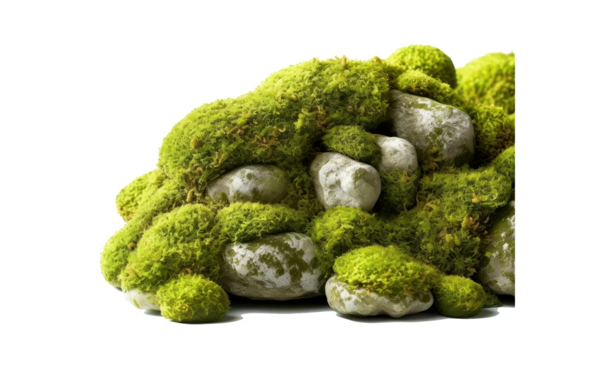 Green moss growing on pebbles isolated on white background