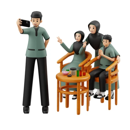 3D rendered Muslim family taking selfie in matching outfits