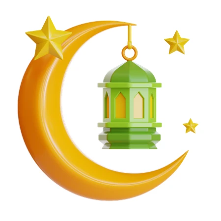 3D crescent moon with hanging green lantern and stars