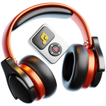 3D orange headphones and digital music player on white background