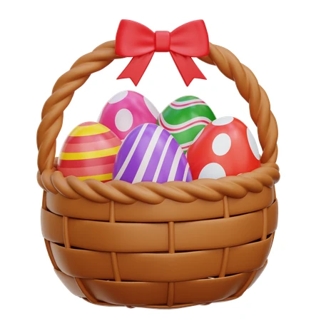 Woven Easter basket filled with colorful decorated eggs